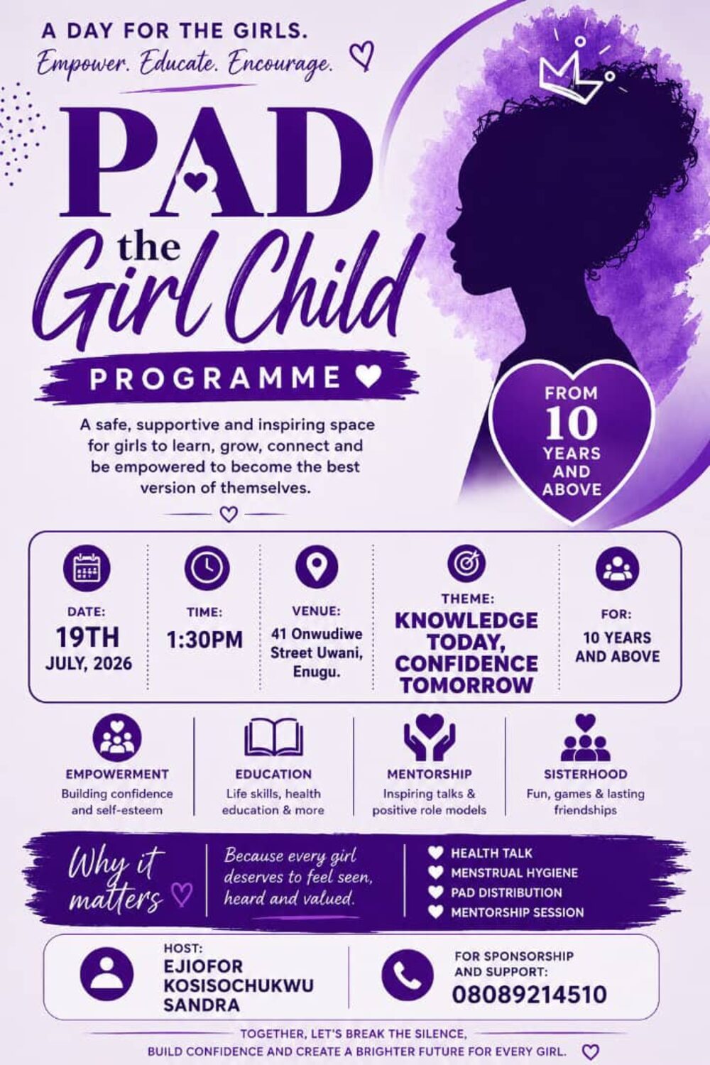 Pad the Girl Child Programme launch flyer, 19th July 2026, Enugu
